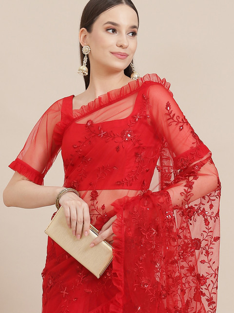 

Inddus Red Floral Embroidered Ruffled Sequinned Net Saree