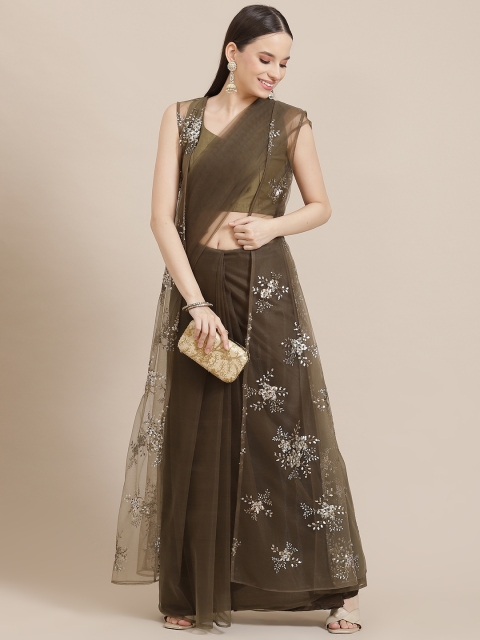 

Inddus Olive Green Solid Net Saree with Sequinned Jacket