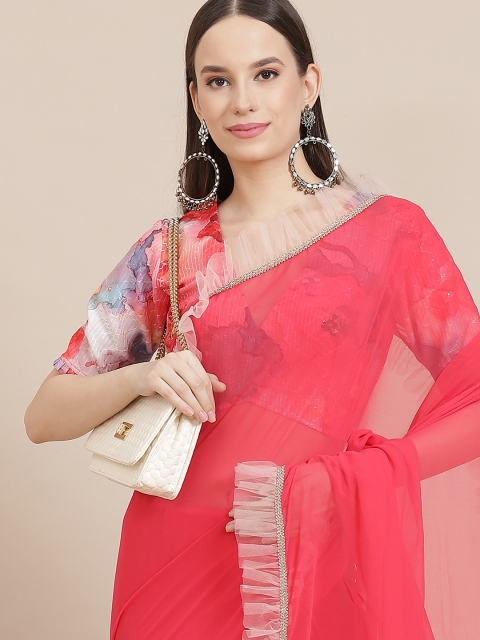

Inddus Coral Pink & O-ff White Solid Saree