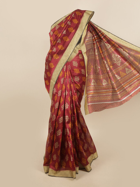 

Pothys Maroon & Orange Floral Zari Saree