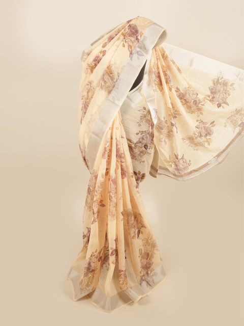 

Pothys Peach-Coloured & Silver-Toned Floral Saree