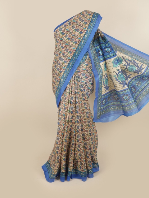 

Pothys Cream-Coloured & Blue Floral Saree