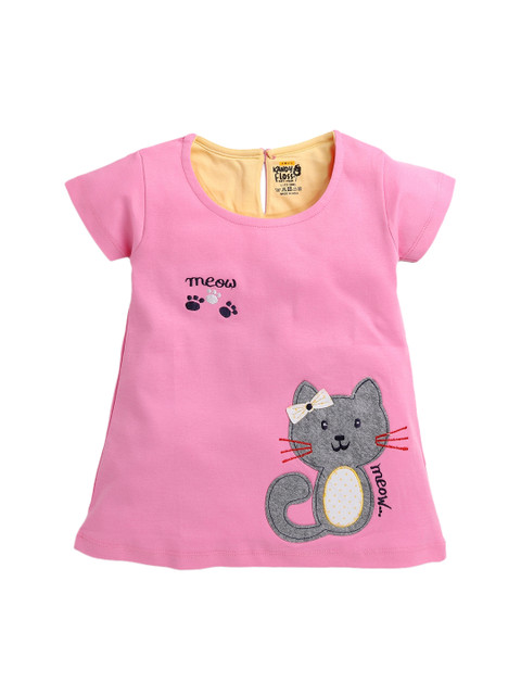 

AMUL Kandyfloss Infant Girls Pink & Grey A-Line Printed Pure Cotton Dress