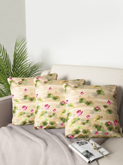 

PETAL HOME Beige & Green Set of 3 Floral Square Cushion Covers