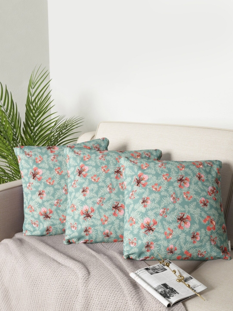 

PETAL HOME Teal & Peach-Coloured Set of 3 Floral Square Cushion Covers