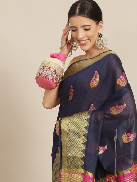 

Anouk Navy Blue Ethnic Motifs Silk Blend Chanderi Saree