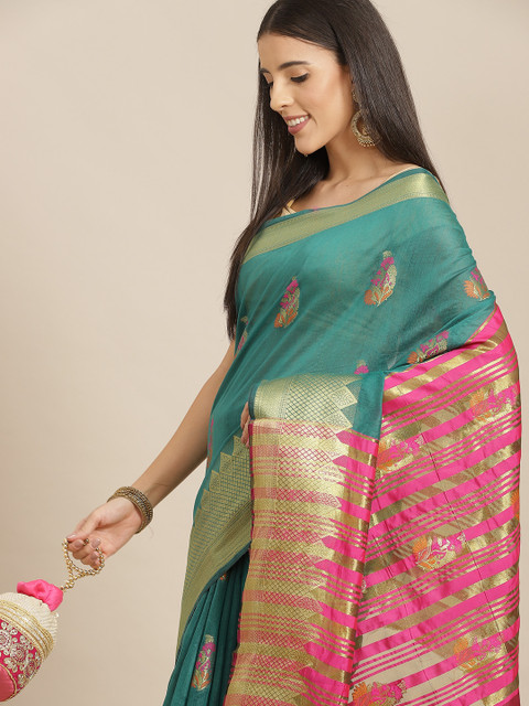 

Anouk Green & Gold Ethnic Motifs Zari Silk Blend Chanderi Saree