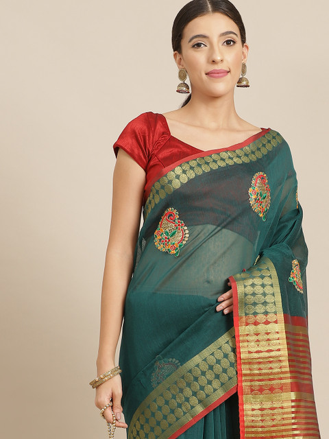 

Anouk Green & Gold Ethnic Motifs Silk Blend Chanderi Saree