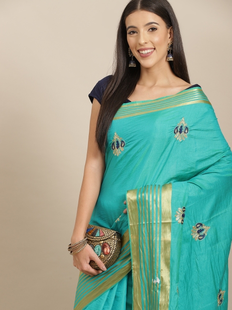 

Anouk Turquoise Blue & Gold Ethnic Motifs Silk Blend Saree