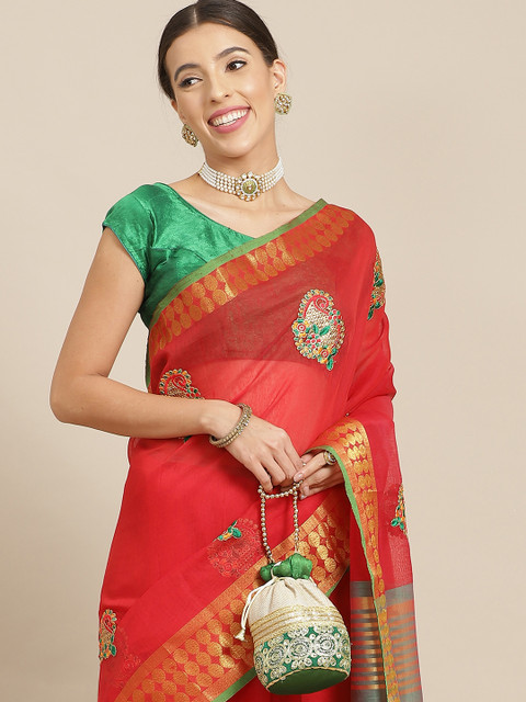 

Anouk Red & Gold Ethnic Motifs Zari Silk Blend Chanderi Saree
