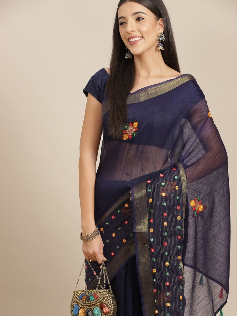 

Anouk Navy Blue Ethnic Motifs Silk Blend Kota Saree