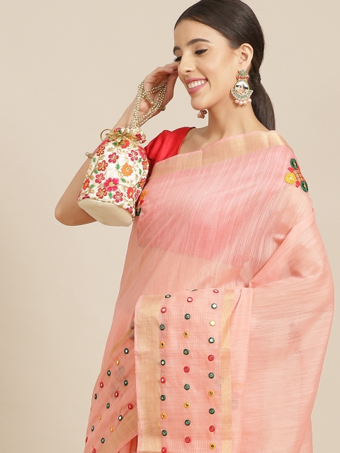 

Anouk Pink Ethnic Motifs Mirror Work Silk Blend Kota Saree