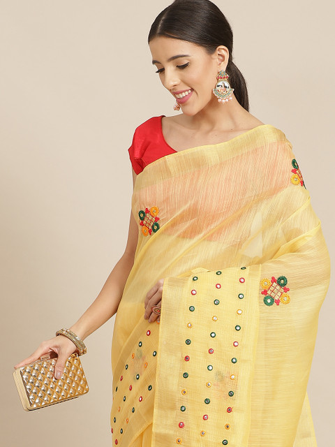 

Anouk Yellow Ethnic Motifs Mirror Work Silk Blend Kota Saree