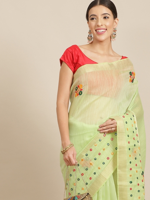 

Anouk Lime Green Ethnic Motifs Mirror Work Silk Blend Kota Saree