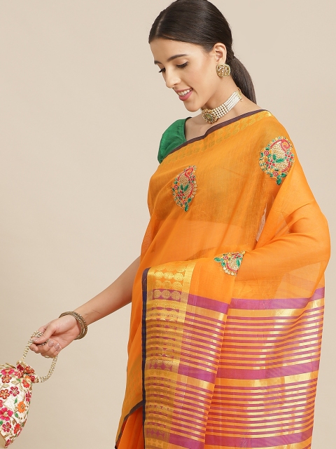 

Anouk Orange Ethnic Motifs Silk Blend Chanderi Saree