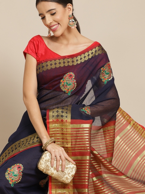 

Anouk Navy Blue & Gold Ethnic Motifs Silk Blend Chanderi Saree