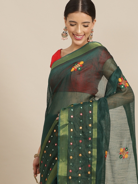 

Anouk Green Ethnic Motifs Mirror Work Silk Blend Kota Saree