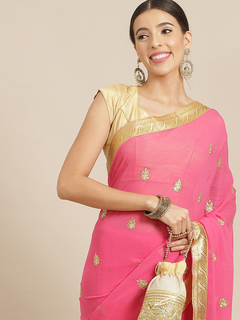

Anouk Pink & Gold Floral Embroidered Poly Georgette Saree