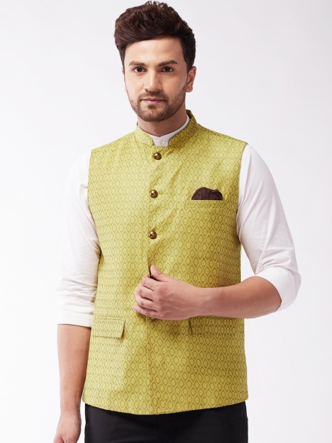 

VASTRAMAY Men Yellow Woven Design Slim-Fit Nehru Jacket