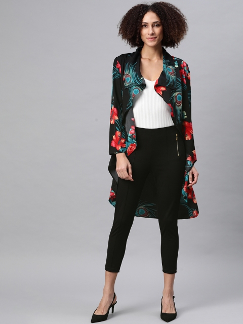 

Cottinfab Women Black & Red Floral & Peacock Feather Print Longline Waterfall Shrug