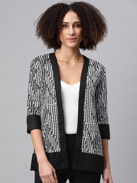 

Cottinfab Women Black & White Geometric Print Open Front Shrug