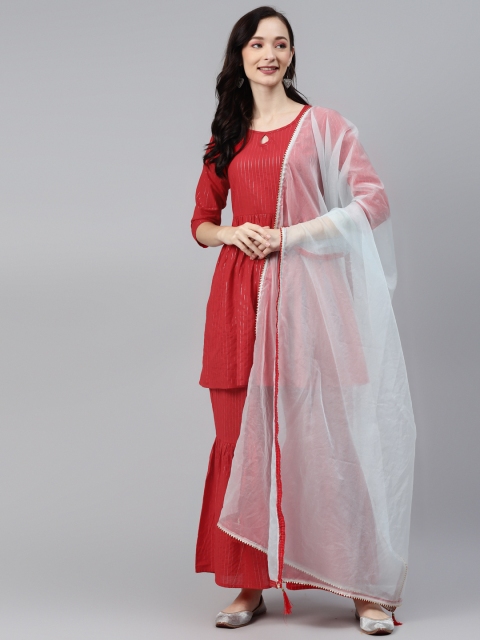 

mokshi Women Red Regular Pure Cotton Kurti with Sharara & With Dupatta