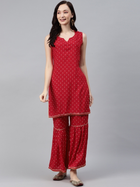 

mokshi Women Red Ethnic Motifs Printed Regular Gotta Patti Kurta with Sharara