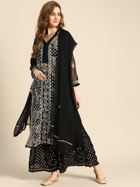 

Saadgi Women Black Ethnic Motifs Embroidered Regular Gotta Patti Kurta with Palazzos & With Dupatta