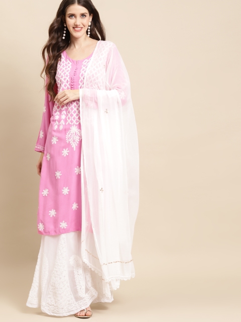 

Saadgi Women Pink Floral Embroidered Kurta With Sharara & Dupatta