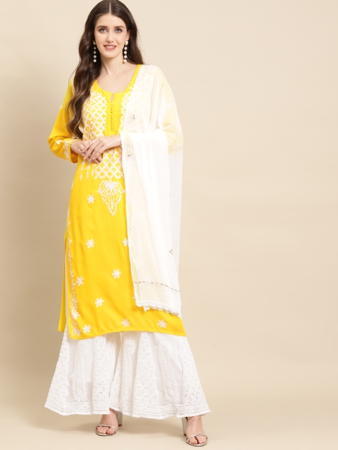 

Saadgi Women Yellow & White Embroidered Kurta with Palazzos & Dupatta