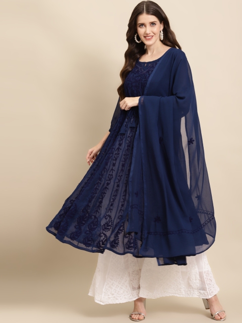 

Saadgi Women Navy Blue Floral Embroidered Empire Aari Work Kurta With Sharara & Dupatta