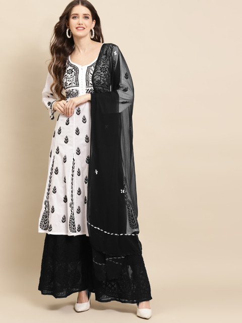 

Saadgi Women White Ethnic Motifs Embroidered Regular Chikankari Pure Cotton Kurta with Palazzos & With