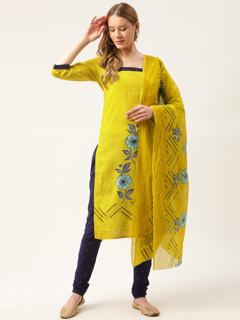 

PIRKO Yellow & Navy Blue Printed Pure Cotton Unstitched Dress Material