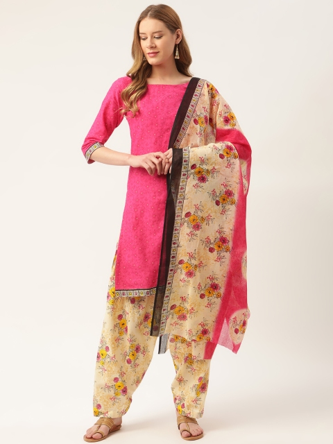 

PIRKO Pink & Off White Printed Pure Cotton Unstitched Dress Material