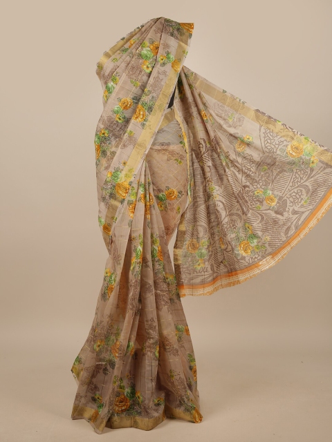 

Pothys Cream-Coloured & Green Floral Printed Saree