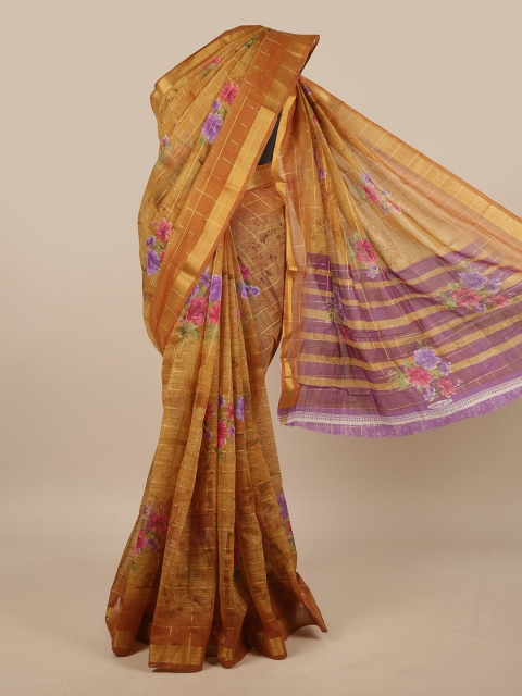 

Pothys Mustard & Purple Floral Printed Saree