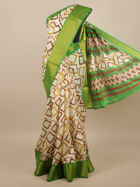 

Pothys Cream-Coloured & Green Printed Saree