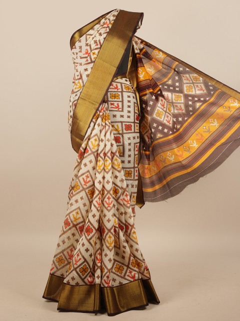

Pothys Cream-Coloured & Brown Geometric Printed Saree