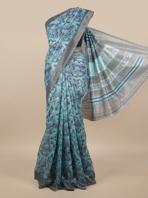 

Pothys Turquoise Blue & Grey Floral Printed Saree