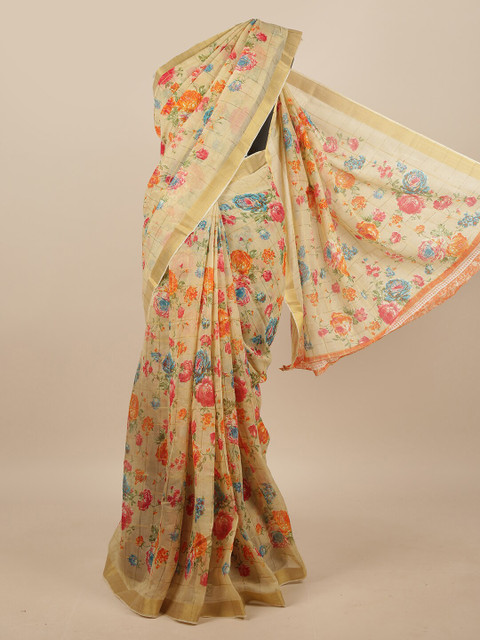 

Pothys Cream-Coloured & Orange Floral Printed Saree