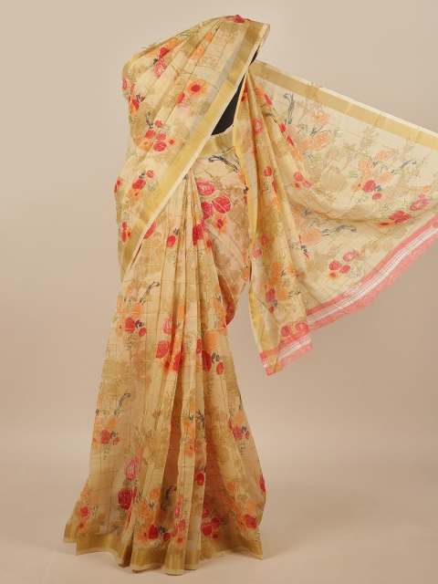 

Pothys Cream-Coloured & Peach-Coloured Floral Printed Saree