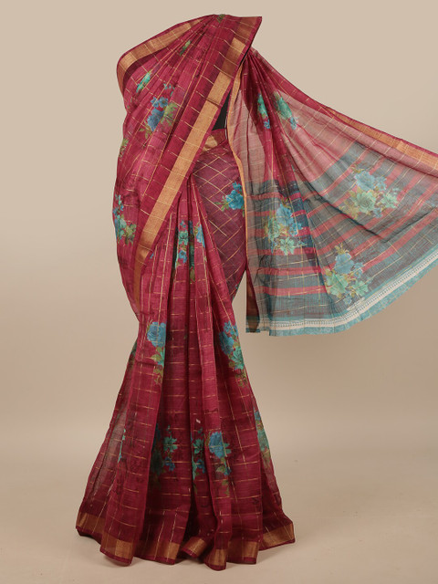

Pothys Burgundy & Turquoise Blue Floral Printed Saree