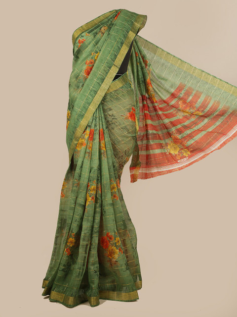 

Pothys Green & Orange Floral Printed Saree