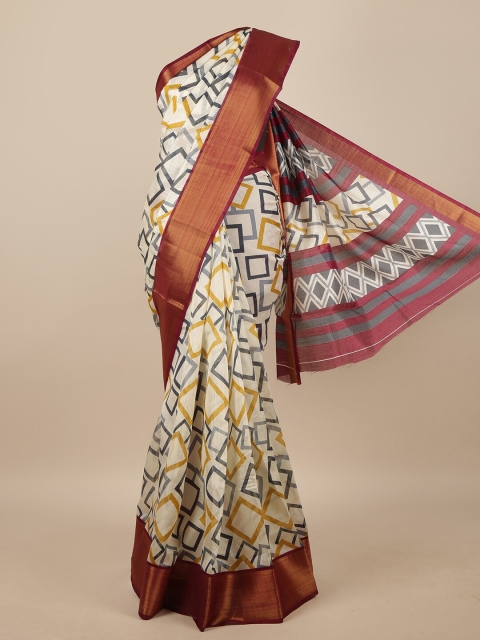 

Pothys Cream-Coloured & Maroon Geometric Printed Saree