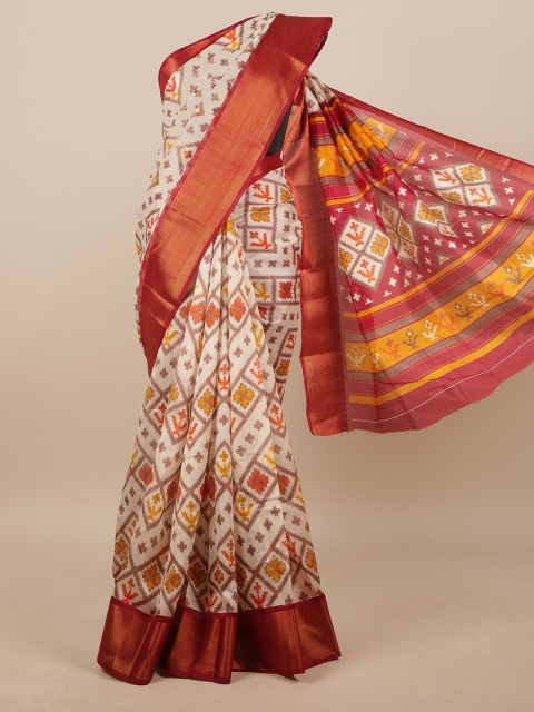 

Pothys Cream-Coloured & Magenta Geometric Printed Saree