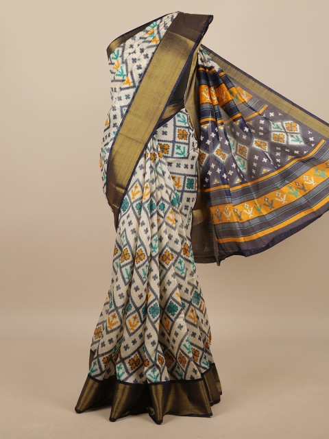 

Pothys Cream-Coloured & Navy Blue Geometric Printed Saree