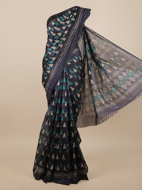 

Pothys Navy Blue & Green Geometric Printed Saree