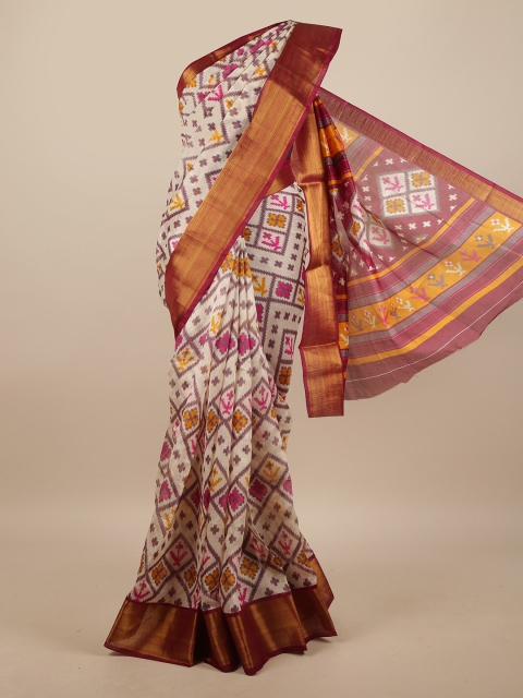 

Pothys Cream-Coloured & Magenta Geometric Printed Saree