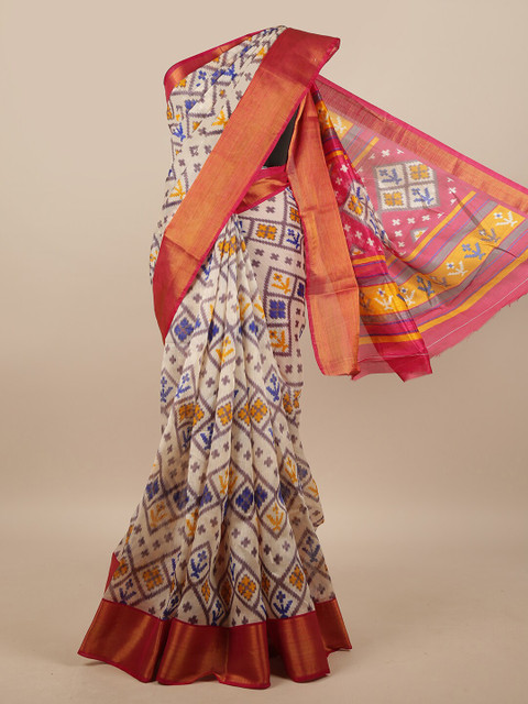 

Pothys Cream-Coloured & Pink Geometric Printed Saree