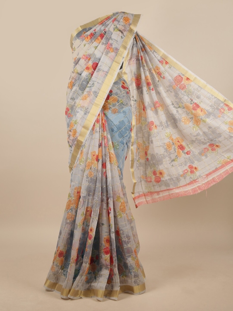 

Pothys Grey & Orange Floral Printed Saree